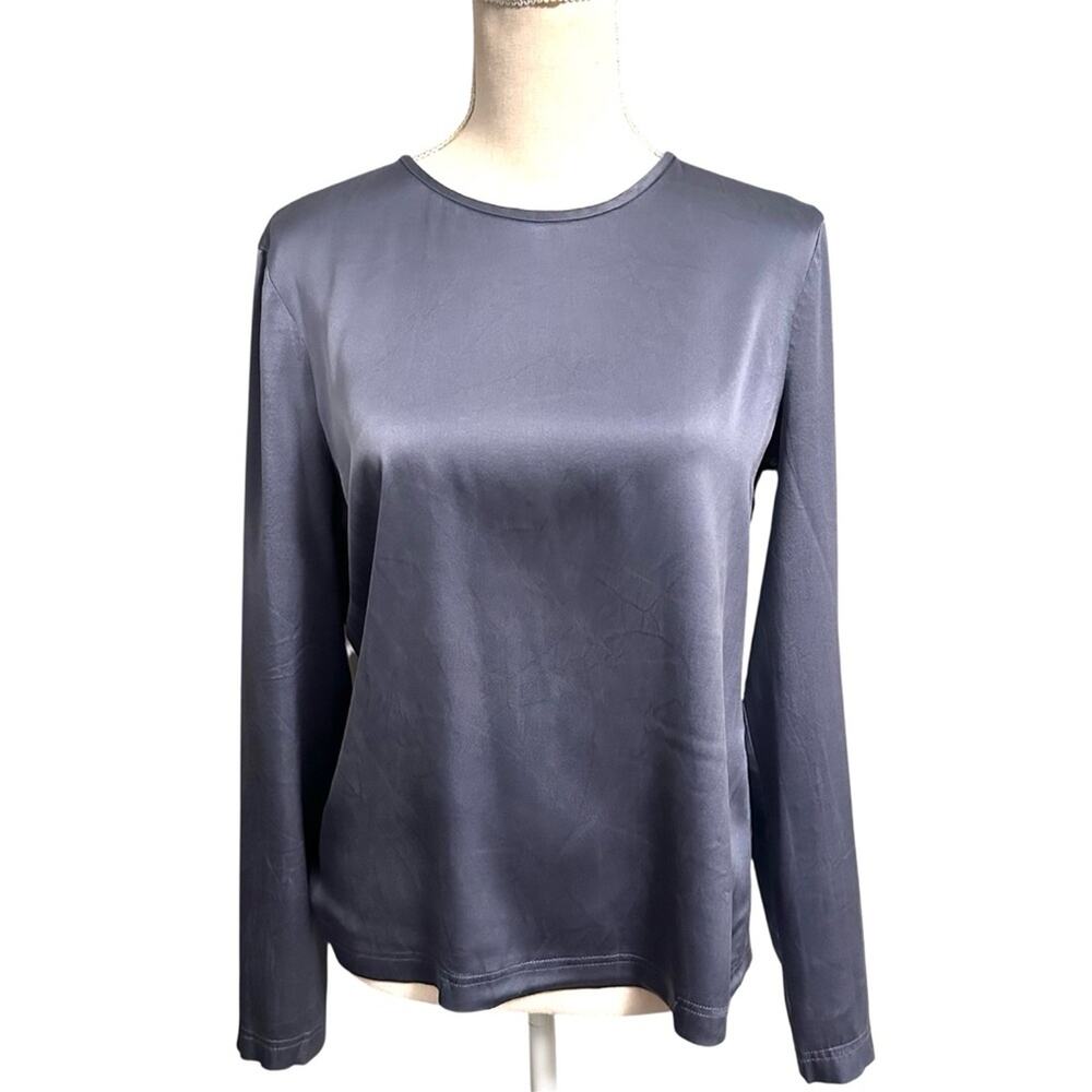 Henri Bendel Silk Blend Crewneck Pullover Blouse Blue Gray Women Large Vintage